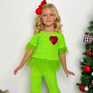 Mia Bella Girls “Grinchie Cutie” Sequin Pants Set – Size 7/8